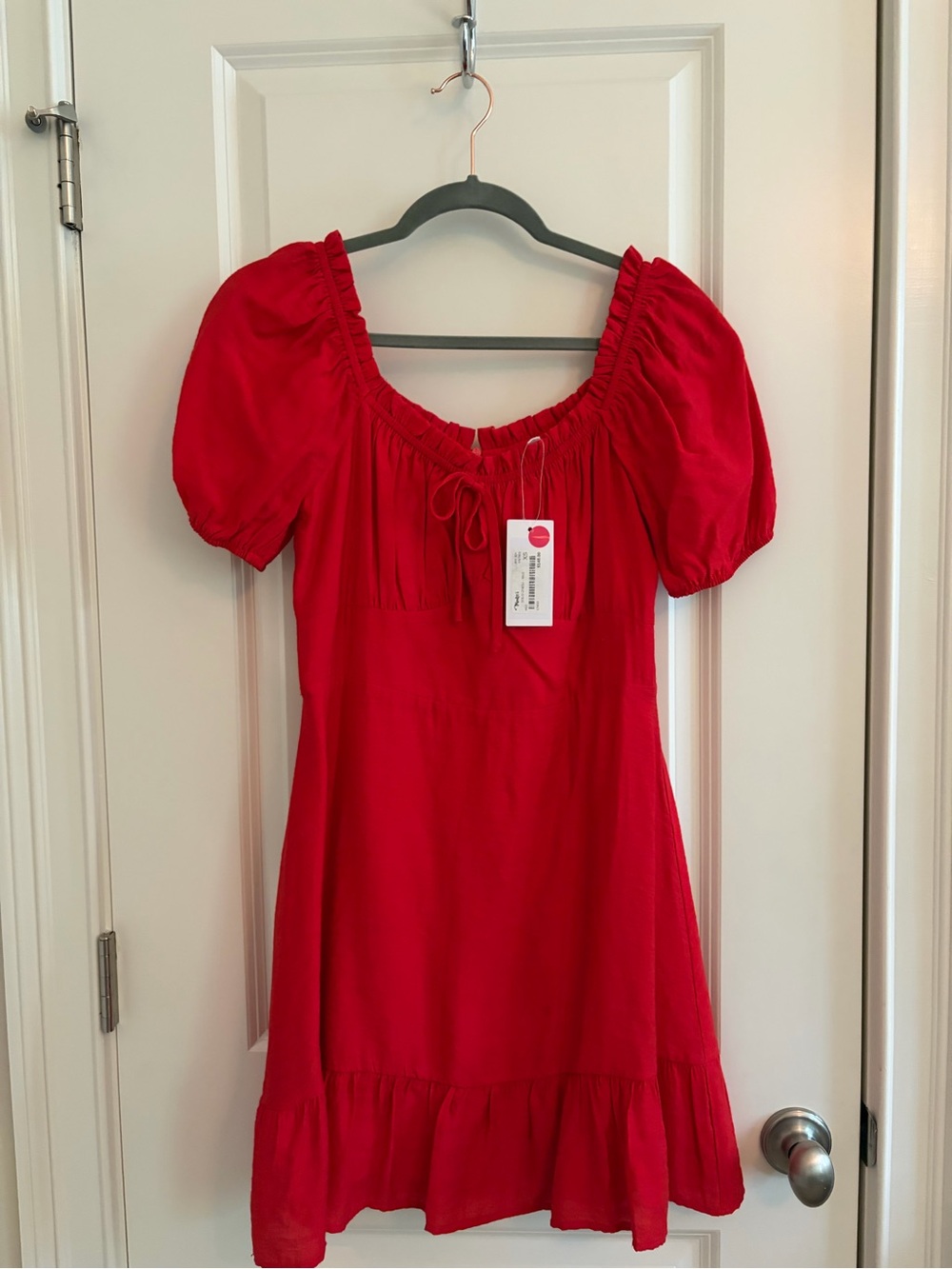 Joy Joy Red Puff Sleeve Square Neck Mini Boho Dress